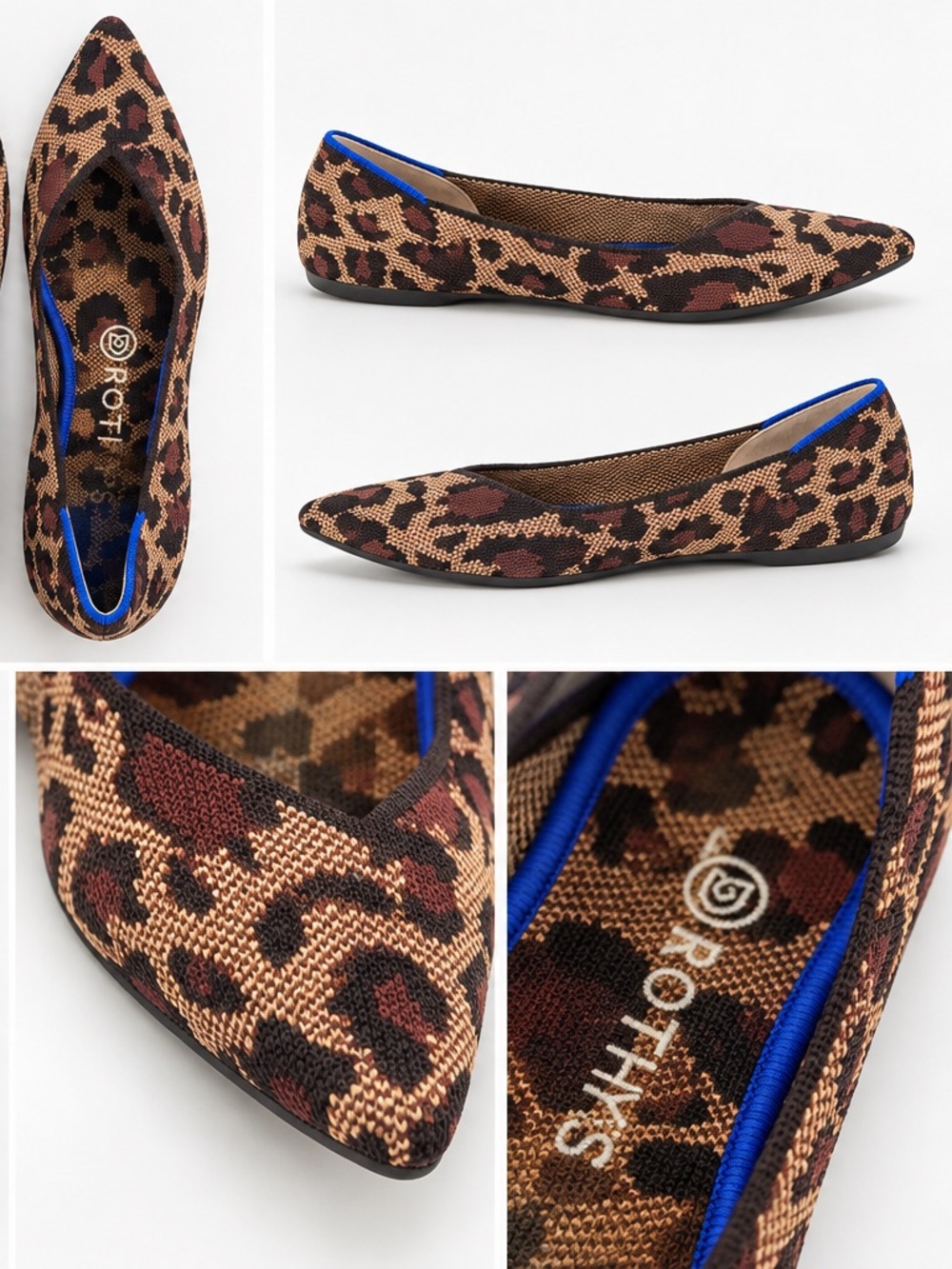 Rothyโs The Point "Big Cat" Leopard pointed-ballet flat w/electric blue trim